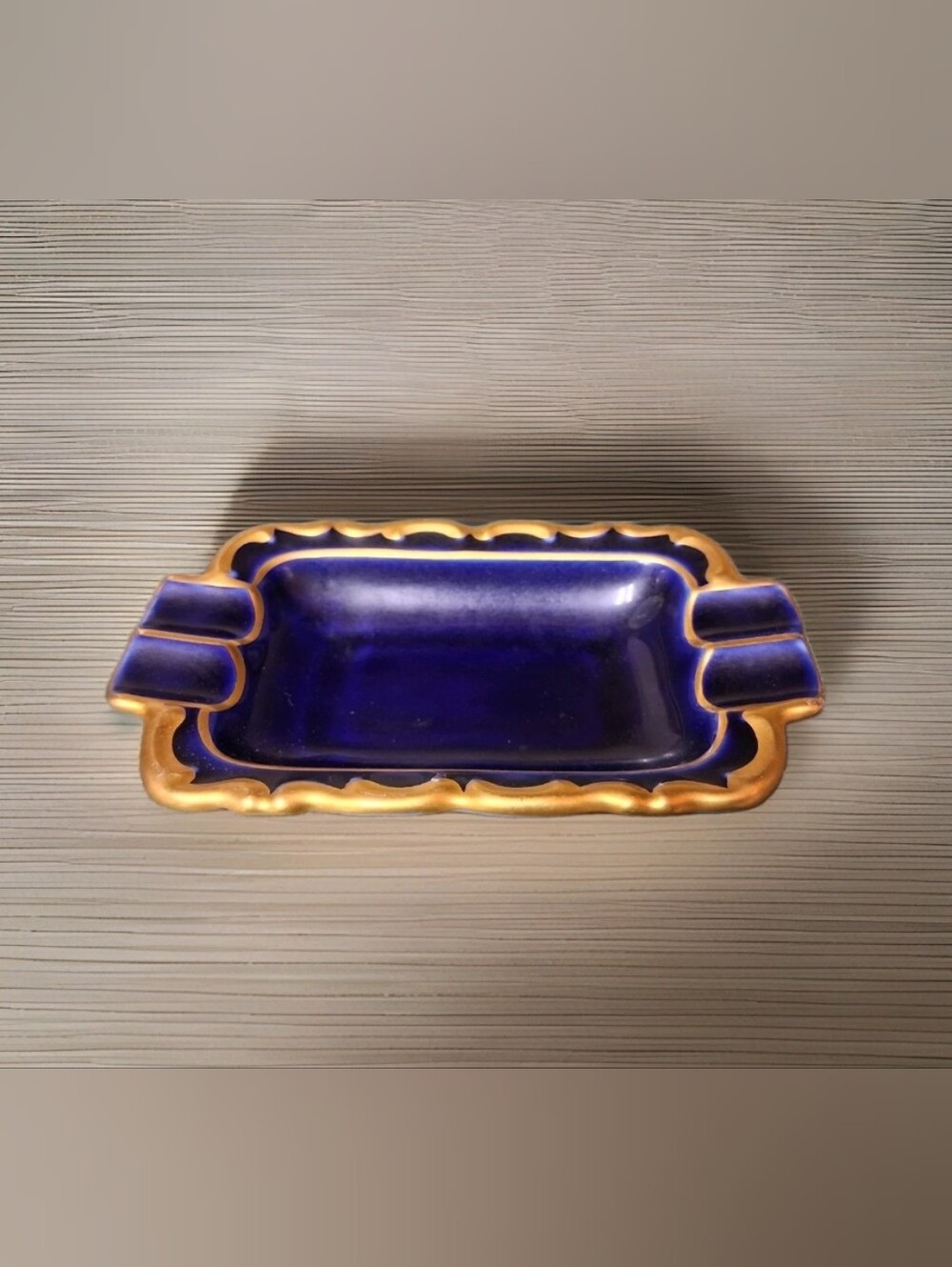 Vintage Lindner Kueps Bavaria Echt Cobalt Blue Ashtray Gold Accents Germany